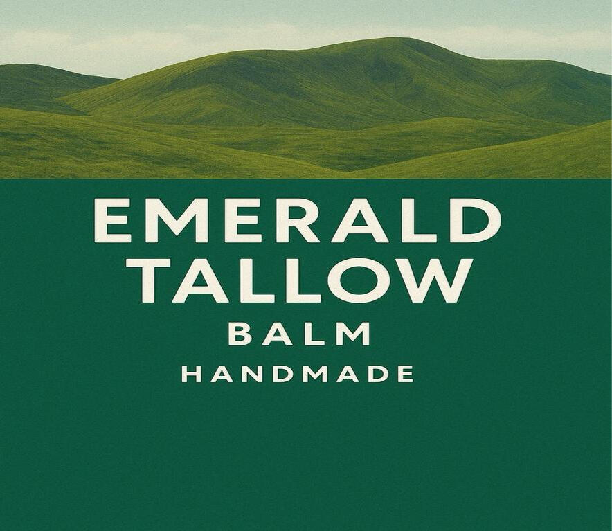 Logo Emerald Tallow Balm logo featuring bold cream text on a green background with Irish hills, emphasising handmade, natural skincare.